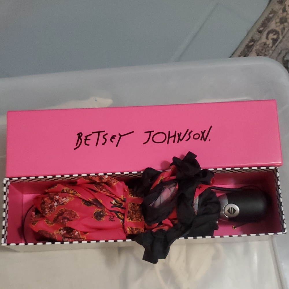 Betsey Johnson Pink and Black Floral Umbrella